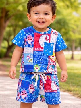 BAMBOO Blue and Red Baby Shark Patchwork Matching Set